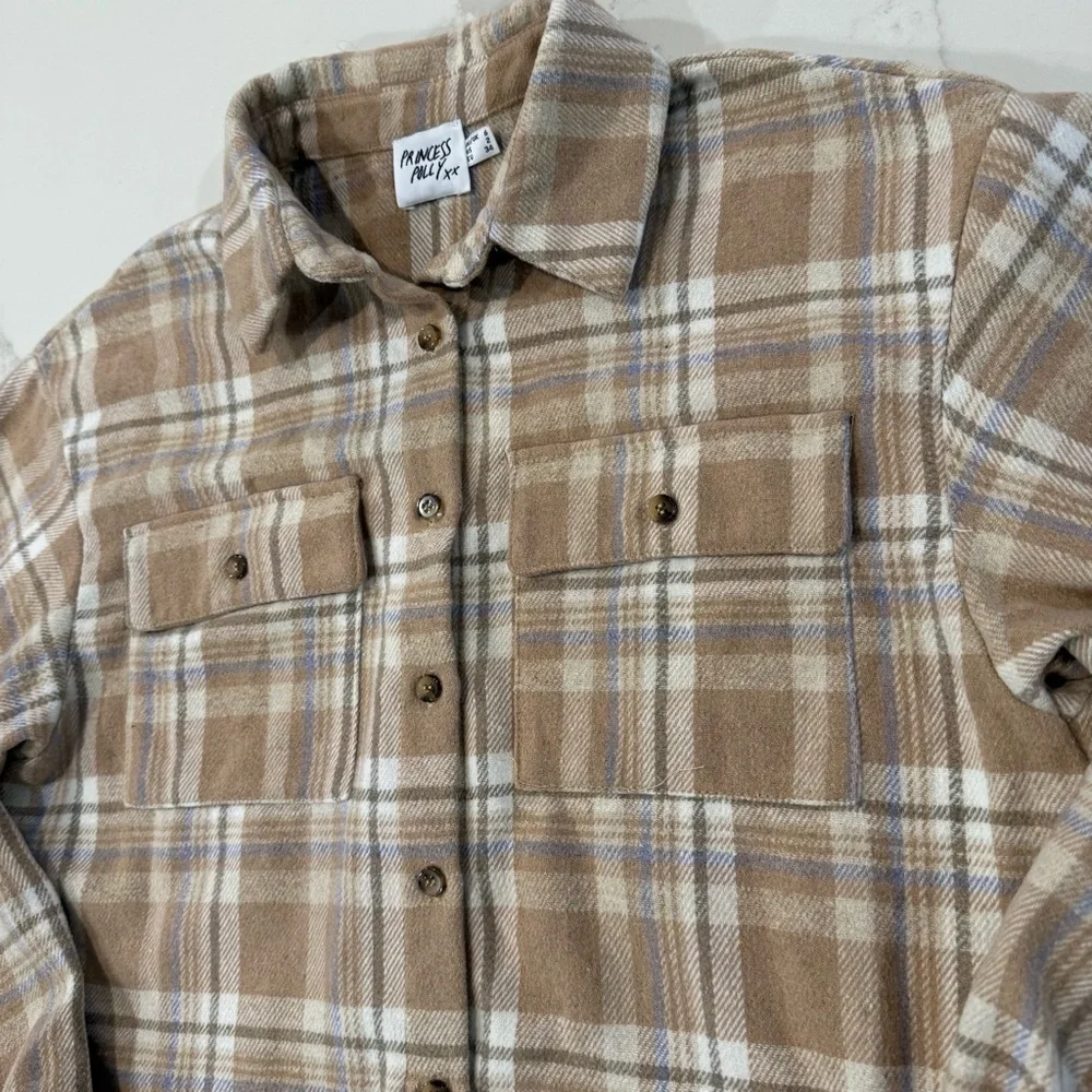 Princess Polly Mila Plaid Flannel Button Up Shirt Women’s 2 Tan/White Cozycore - Picture 3 of 7